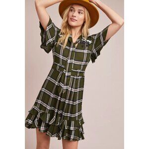Anthropologie Ranna Gill Olivia Olive Plaid Dress Green Ruffle EUC Size Xlarge